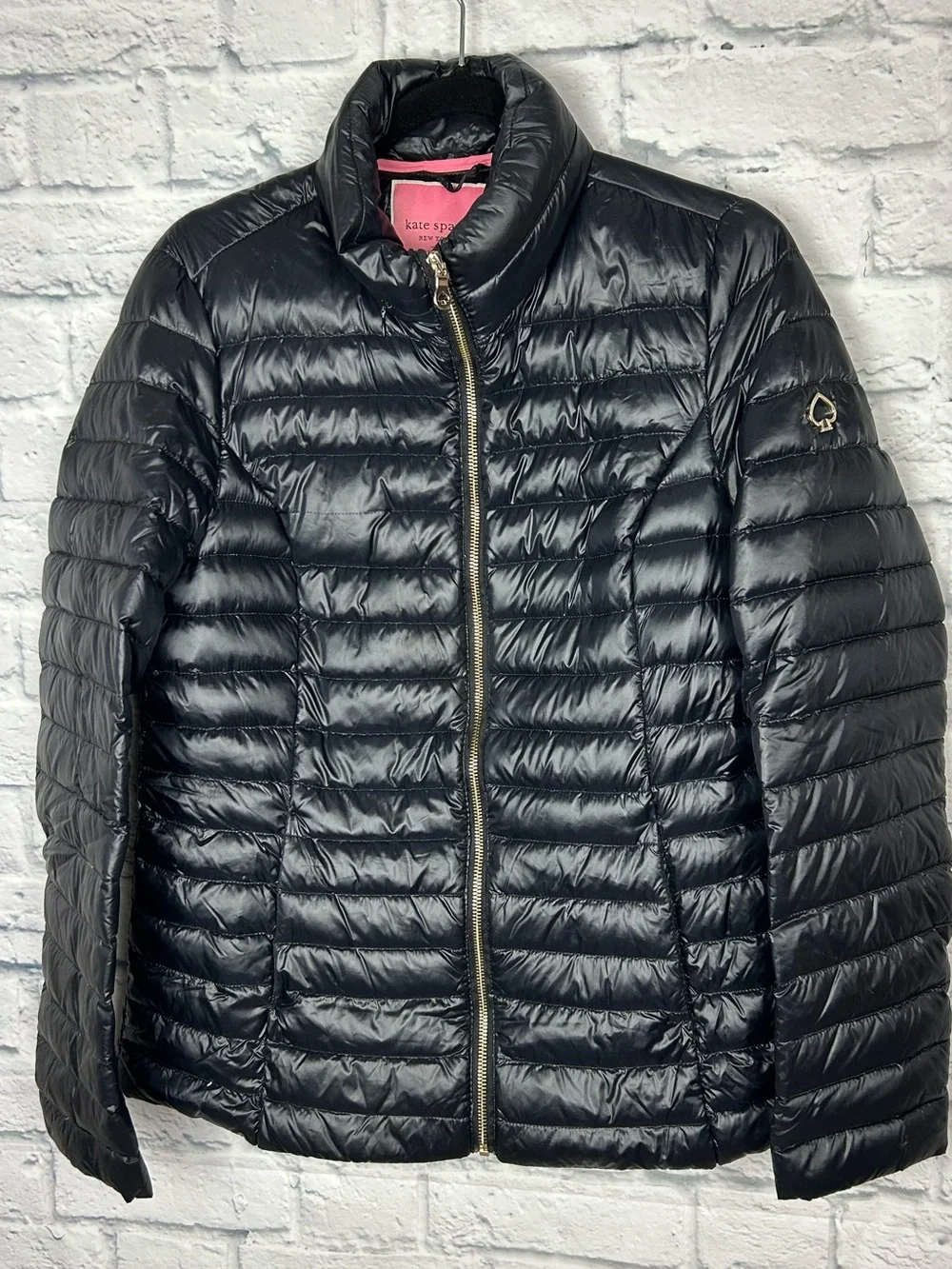 Kate Spade New York Black Down Puffer Jacket M Packable Hood Gold Spade